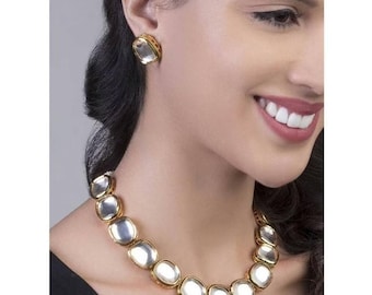 Ethnic Indian Classic Gold Plated Kundan Zircon Simple Necklace Tops Jewelry Set For Women