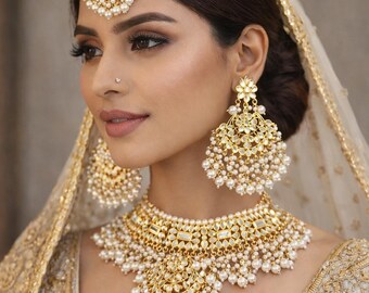 Kundan Pearl Choker Necklace Earrings Tikka Set | Indian Bridal Jewelry