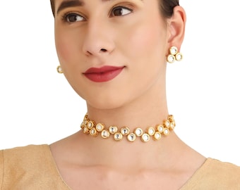 Gold Plated Kundan Choker Necklace & Earrings Set: Indian Jewelry