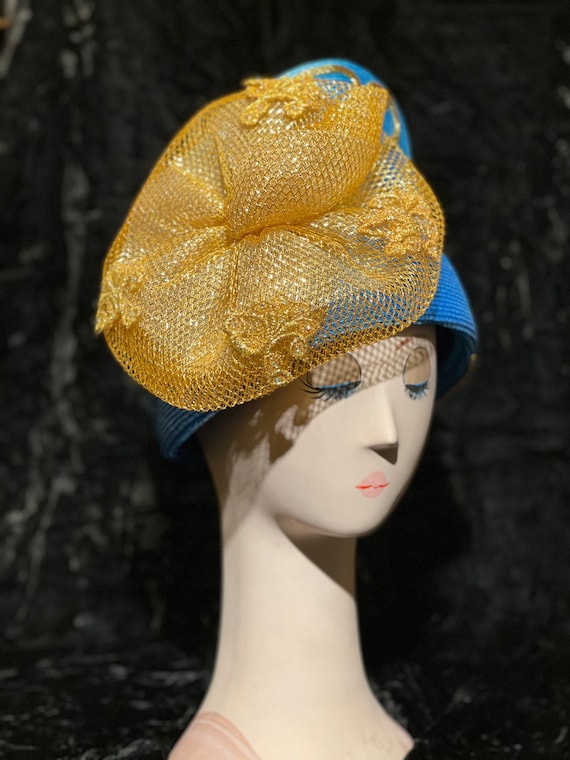 1980's Church hat, Bold blue & gold embellished - image 2