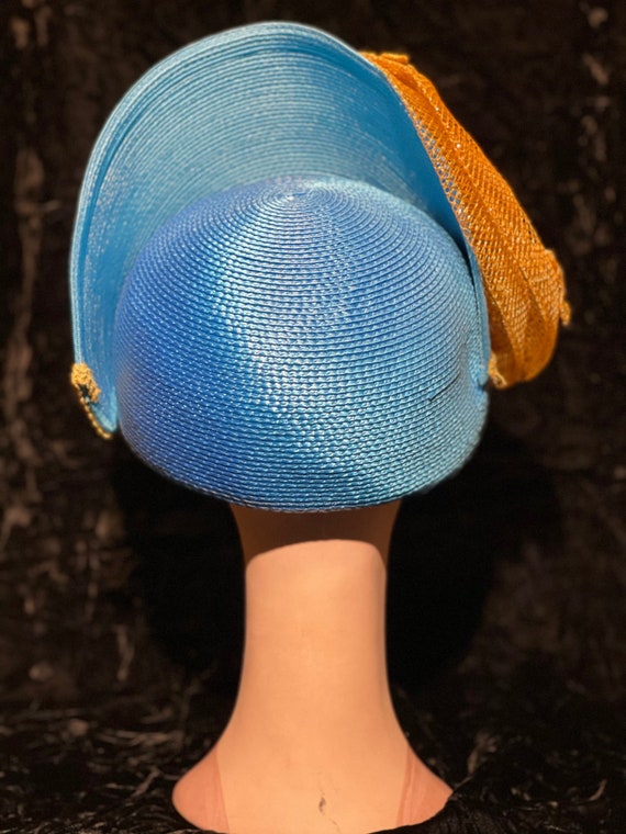 1980's Church hat, Bold blue & gold embellished - image 5