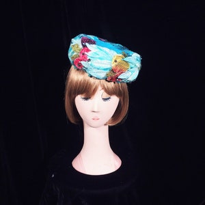 Vintage velvet netted pillbox hat with velvet leaves
