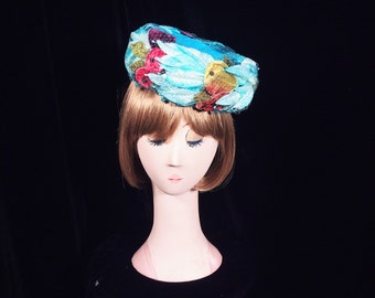 Vintage velvet netted pillbox hat with velvet leaves