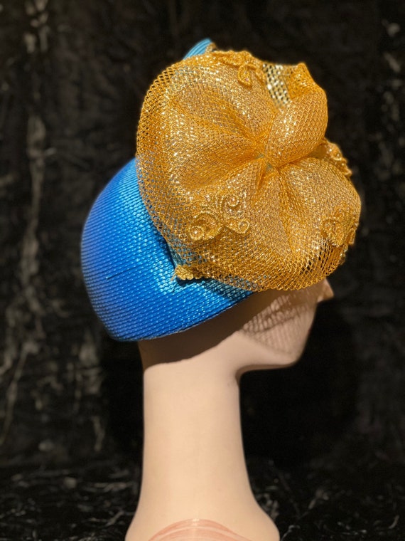 1980's Church hat, Bold blue & gold embellished - image 6