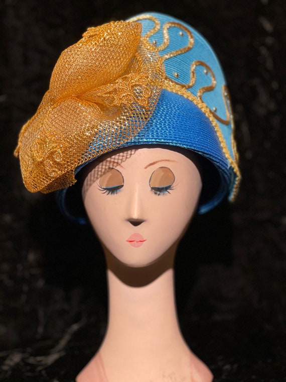 1980's Church hat, Bold blue & gold embellished