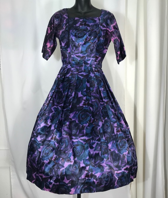 1950's satin floral dress by Adrian Tabin