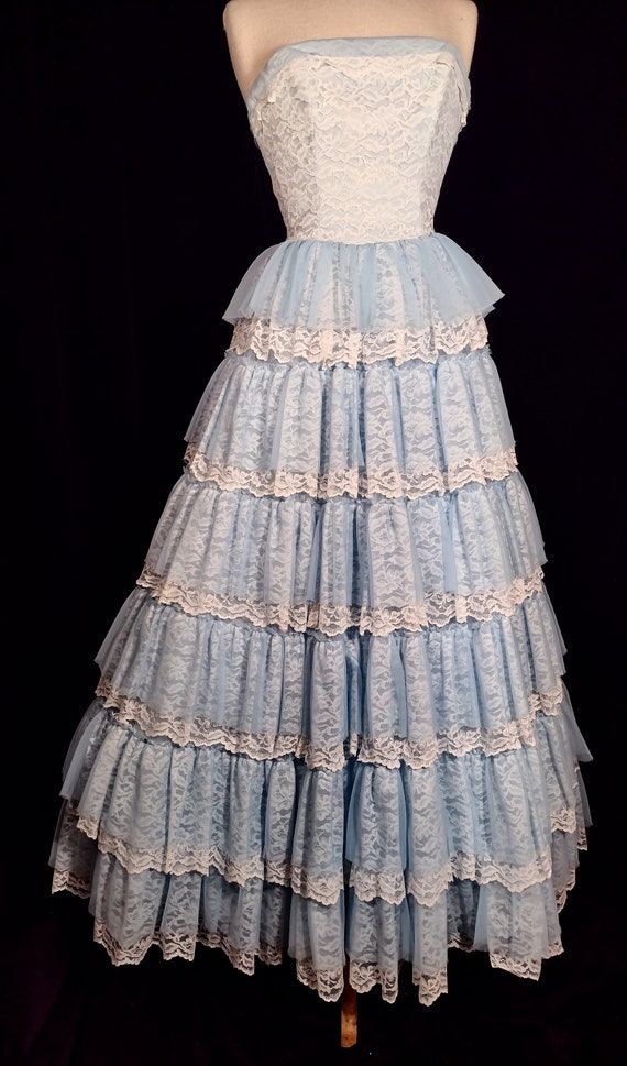 Powder blue vintage tiered formal party gown