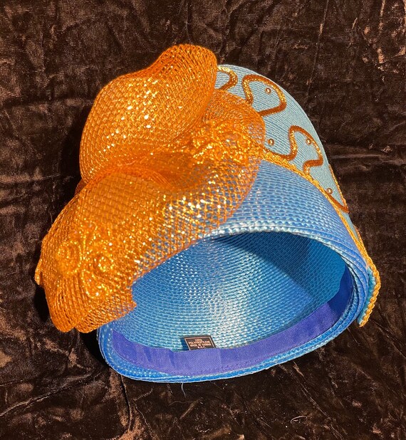 1980's Church hat, Bold blue & gold embellished - image 7