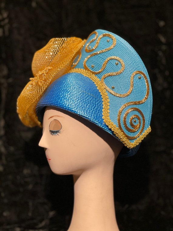 1980's Church hat, Bold blue & gold embellished - image 3