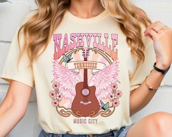 Nashville Music City T-Shirt: Retro Guitar Wings, Garment Dyed