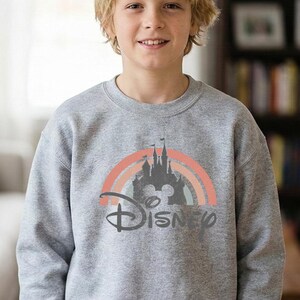 May include: A gray sweatshirt featuring a rainbow design with a castle silhouette and the word "Disney" in a stylized font. The sweatshirt is made of a soft material and is suitable for casual wear.