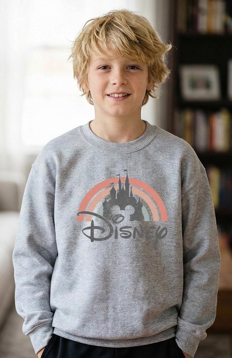 May include: A gray sweatshirt featuring a rainbow design with a castle silhouette and the word "Disney" in a stylized font. The sweatshirt is made of a soft material and is suitable for casual wear.