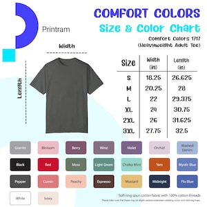 May include: A dark gray t-shirt with a size and color chart. The chart lists sizes S to 3XL, with width and length measurements in inches. Color options include Granite, Black, Red, and others. The text "COMFORT COLORS" is at the top.