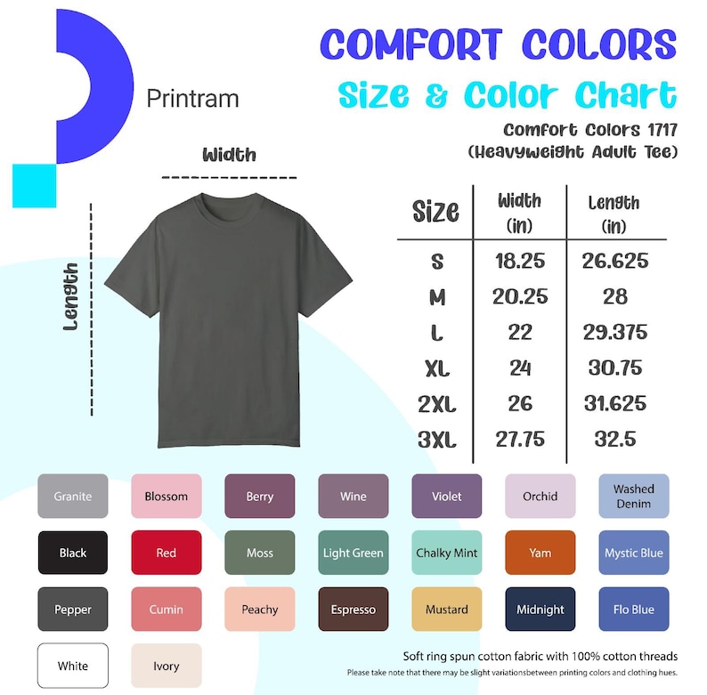 May include: A dark gray t-shirt with a size and color chart. The chart lists sizes S to 3XL, with width and length measurements in inches. Color options include Granite, Black, Red, and others. The text "COMFORT COLORS" is at the top.