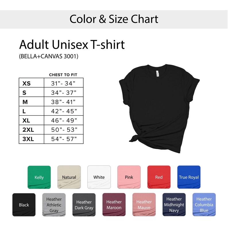 Może przedstawiać: Czarny T-shirt unisex dla dorosłych, z tabelą rozmiar&oacute;w pokazującą obw&oacute;d klatki piersiowej od 79 cm do 145 cm. Opcje kolor&oacute;w obejmują: Kelly green, naturalny, biały, r&oacute;żowy, czerwony, kr&oacute;lewski niebieski, czarny, szary atletyczny, ciemnoszary, bordowy, szaror&oacute;żowy, granatowy i niebieski Columbia.