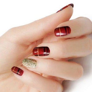 Autumn red plaid with gold accent color strips real nail polish wraps M192 street art