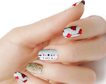 Nail wraps red flowers with gold accent color polish strips M191 street art