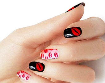 Red Lips black color wraps real nail polish strips M61 street art