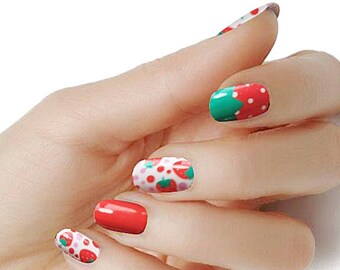 Strawberries nail strips red and green color wraps real nail polish M136 street art