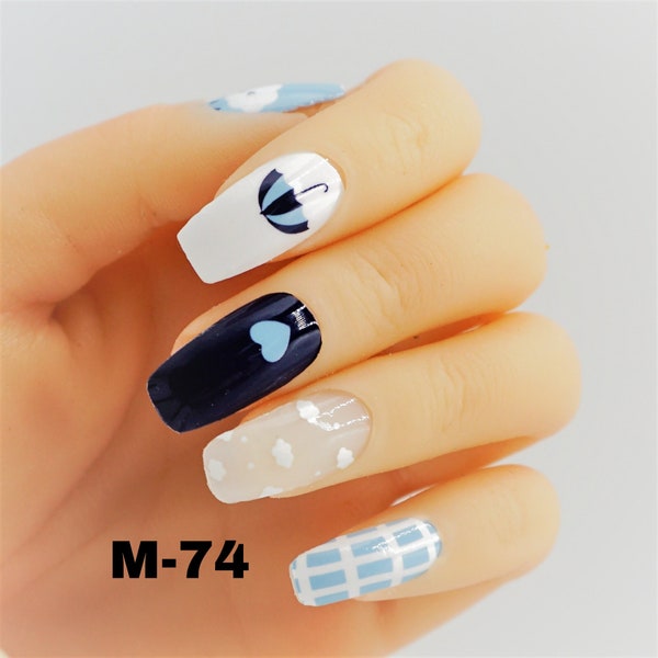 Nail wraps Fall Rain blue white color strips real nail polish M74 street art