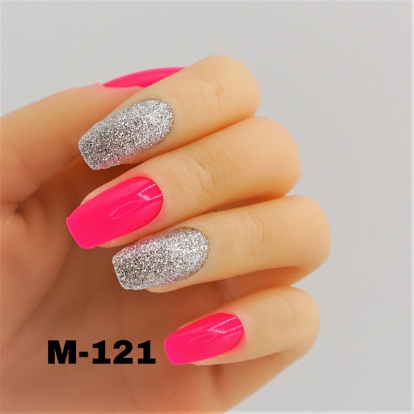 Pink neon nail wraps silver glitter accent nail color strips real nail polish M121 street art