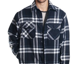 YAGO Men&#39;s Casual Plaid Flannel Long Sleeve Button Down Shirt Jacket Navy /J2 (S-5XL)