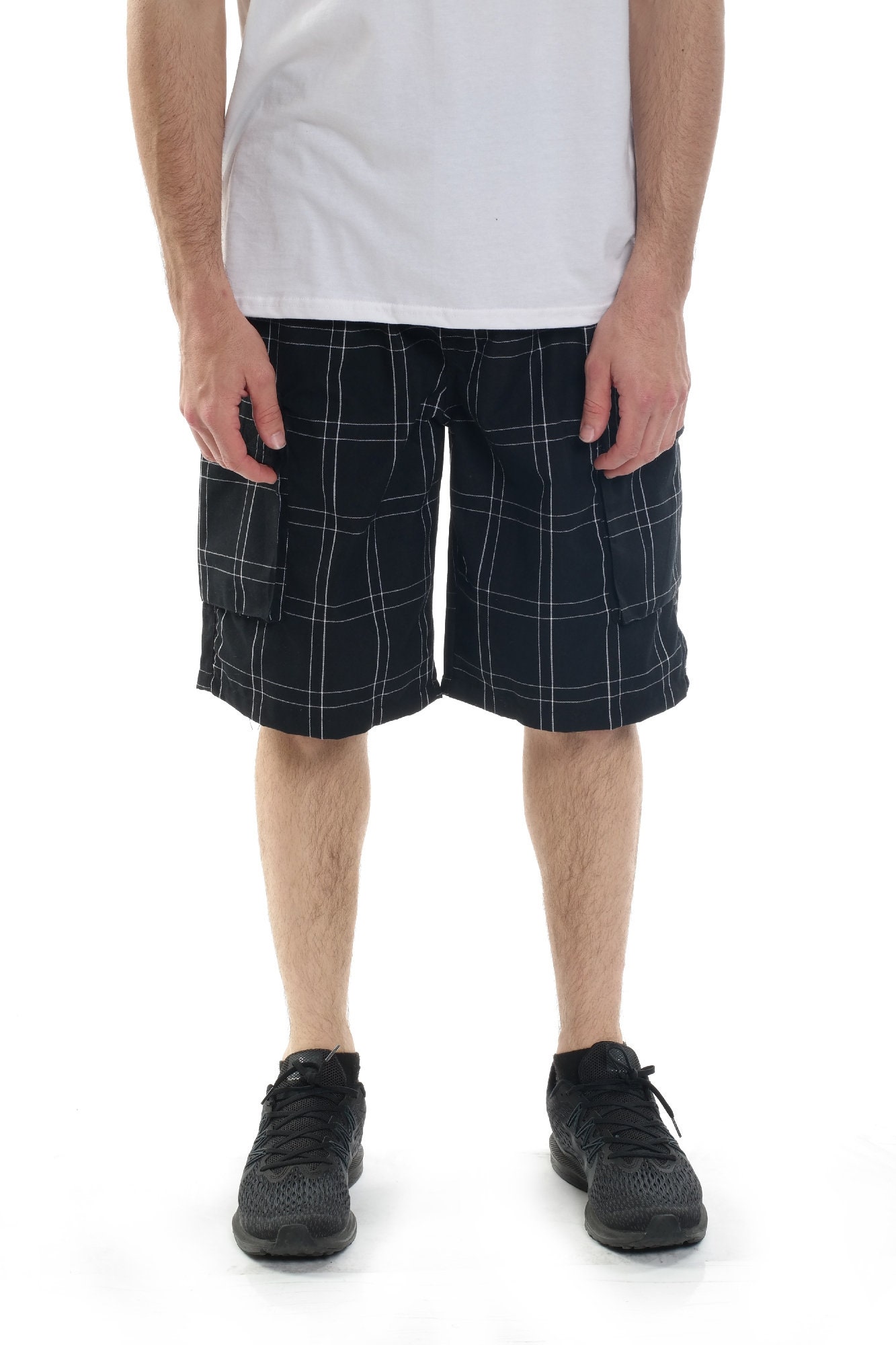 YAGO Men's Elastic Waist Drawstring Relaxed Fit Plaid Cargo