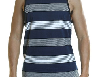 YAGO Men's Casual Striped Tank Top Shirt for Indoor & Outdoor (Navy/White, A2)