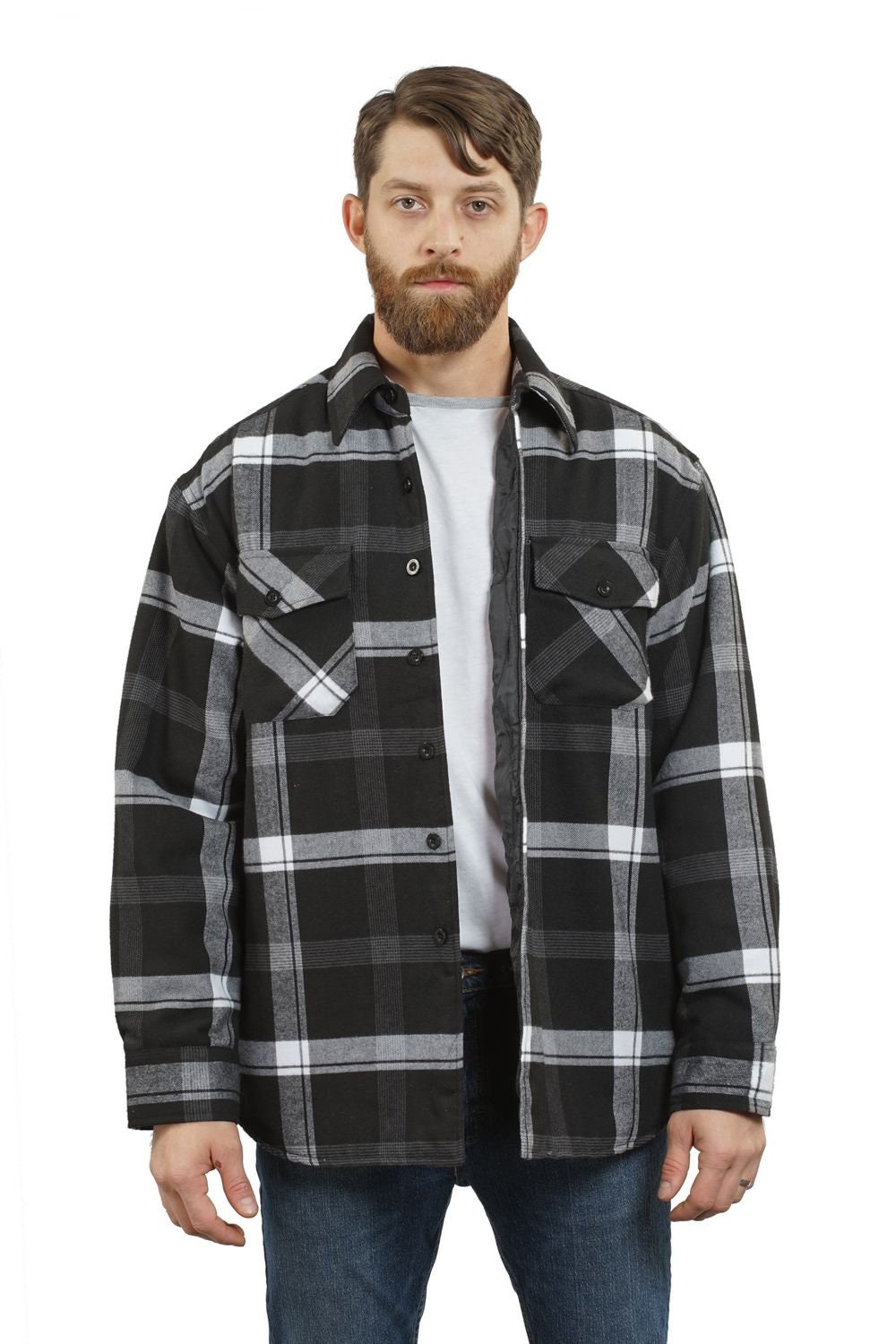 YAGO Men's Casual Plaid Flannel Long Sleeve Button Down Shirt Jacket Black/White,B1 (S-5XL)