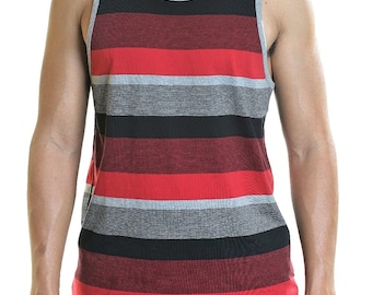 YAGO Men's Casual Striped Tank Top Shirt for Indoor & Outdoor (Red/Bk/Gray,PP7)