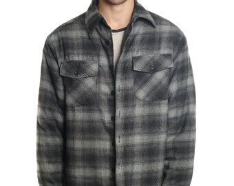 YAGO Men's Casual Plaid Flannel Long Sleeve Button Down Shirt Jacket Gray/Black, J4 (S-5XL)