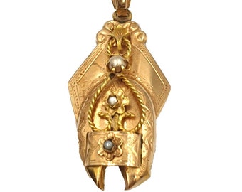 Antique Bourbon pendant from the late 19th century for women in solid 18kt yellow gold with micropearls. Made in Italy.