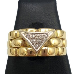Vintage 70's Italian Panther Mesh 3 Row Band Ring in 18K Solid Yellow Gold White Gold Triangle Center with Diamonds