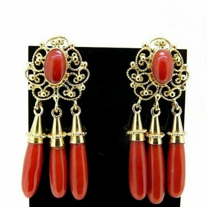 18K Solid Yellow Gold Mediterranean Natural Coral Vintage 1940s Traditional Italian Women's Drop Earrings