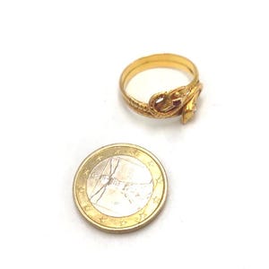 May include: A gold-colored ring in the shape of a snake, with a small red stone and a clear stone. A Euro coin is next to the ring for size comparison. The ring is on a white background.