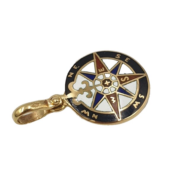 Vintage 90s Italian compass rose unisex pendant in solid 18 kt yellow gold with enamel