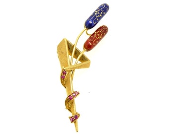 Vintage 1950s brooch in 18 kt solid gold with natural rubies