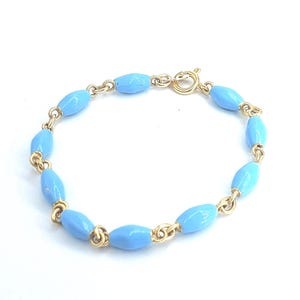 Vintage 70's Italian Women's Bracelet in Solid 18K Yellow Gold with Light Blue Enamel