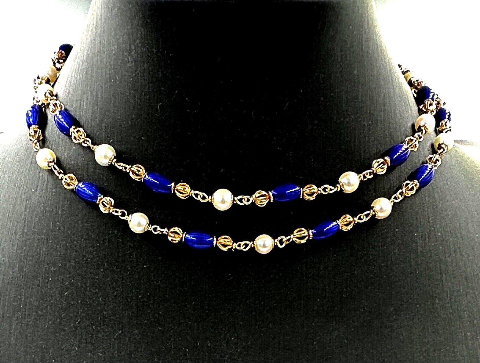 Collier Long En Or 18 Carats Vintage Années 50 Avec Perles Naturelles - Longueur 91cm, Italie, Occasion