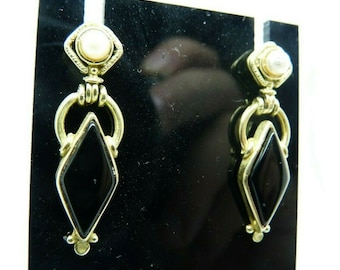 Boucles d'oreilles pendantes vintage des années 1970 en or jaune massif 18 kt avec pierres d'onyx