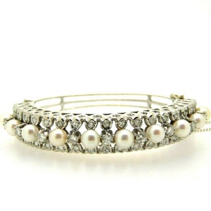 Vintage 1920s Rigid Bracelet in Solid 14kt White Gold with Natural Diamonds and Natural Cultured Pearls Made in Italy