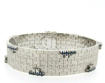 Vintage 1960s solid 18k white gold art deco bracelet with natural sapphires and natural diamonds