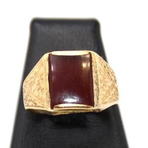 18k Solid Yellow Gold Italian Vintage 1930s Synthetic Ruby Men's Signet Ring