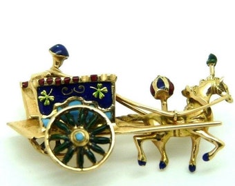 Vintage 1950s brooch in solid 18 kt yellow gold with enamel