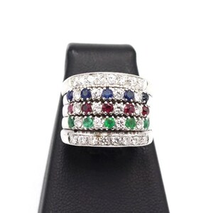 Vintage 1990s natural diamond, ruby, emerald and sapphire band ring in 18kt solid white gold