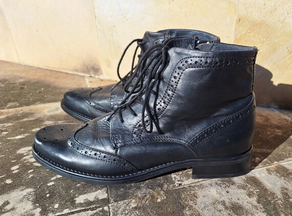 Black Flat Wingtip Lace up Ankle Boots 41 Eu Size Etsy