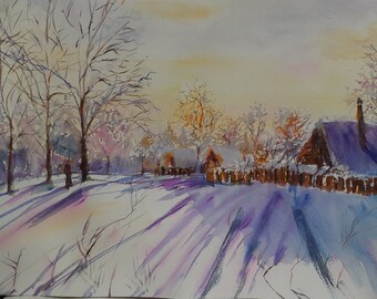 Original Hand-painted Aquarelle Painting, Original Watercolor, Winter Scenery, 35x50cm/13&quot;x19&quot;
