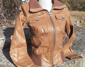 Girl's Brown Leather Jacket, Women's Biker Leather Jacket, ONLY, Small