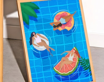 PRINTABLE, Swimming Pool Ladies, Summer Wall Art Print Illustration, Digital Download