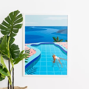 May include: A framed art print showing a person swimming in a turquoise pool with an ocean view. The artwork uses a minimalist style with blue, pink, and green colours. A large potted plant with green leaves is positioned to the left of the artwork.